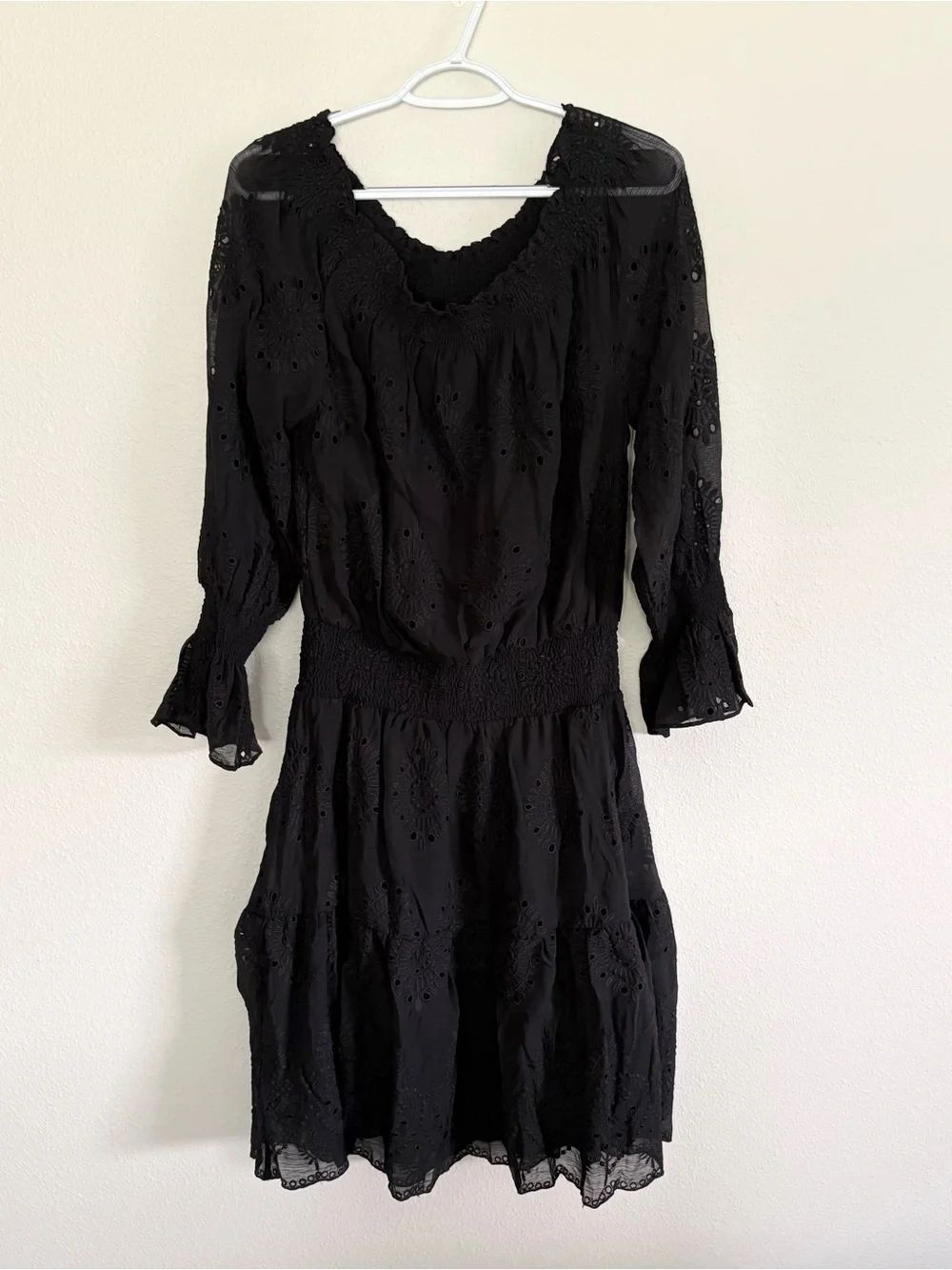 NWT Chico's Size 1 Smocked Eyelet Midi Dress Black Dark Romantic Peasant Boho
